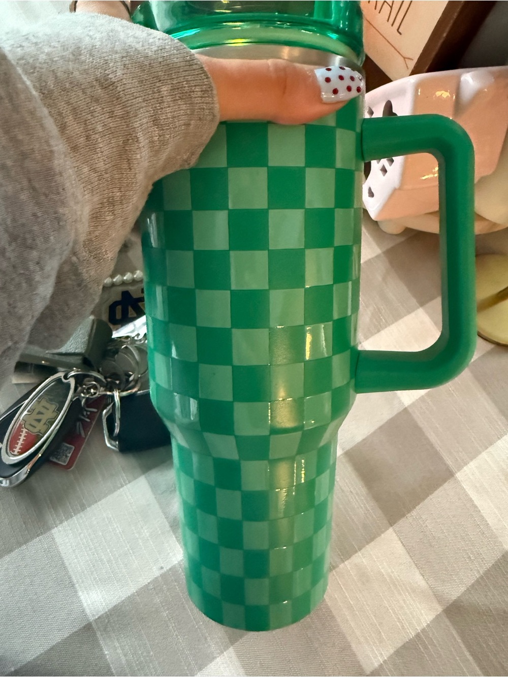 Green Checkerboard Travel Mug with Handle
